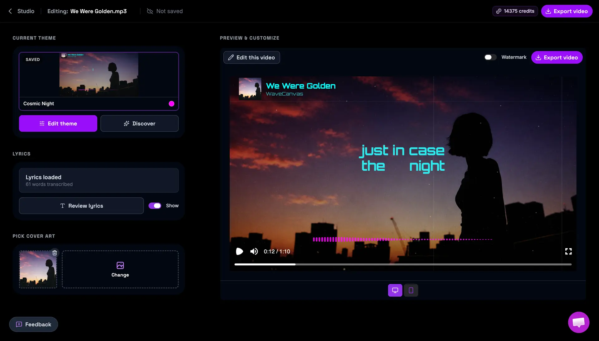 The WaveCanvas editor — lyric review panel beside the live video preview